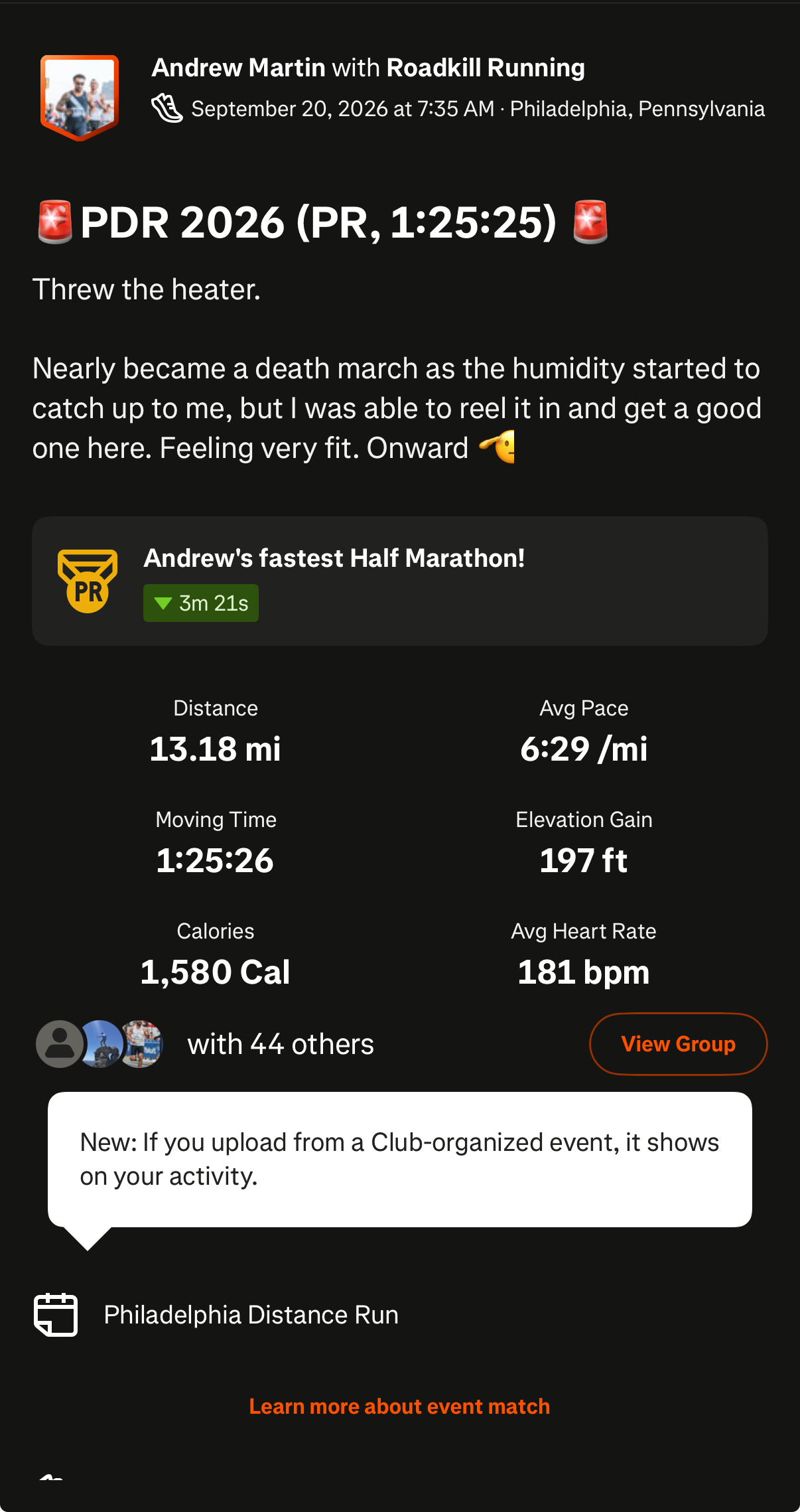 Andrew Martin PDR half-marathon, September 20, 2026; title PR 1:25:25, moving time 1:25:26